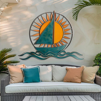 Sailboat Sunburst Metal Wall Art, UV Printed Aluminum Ocean Wave Sign
