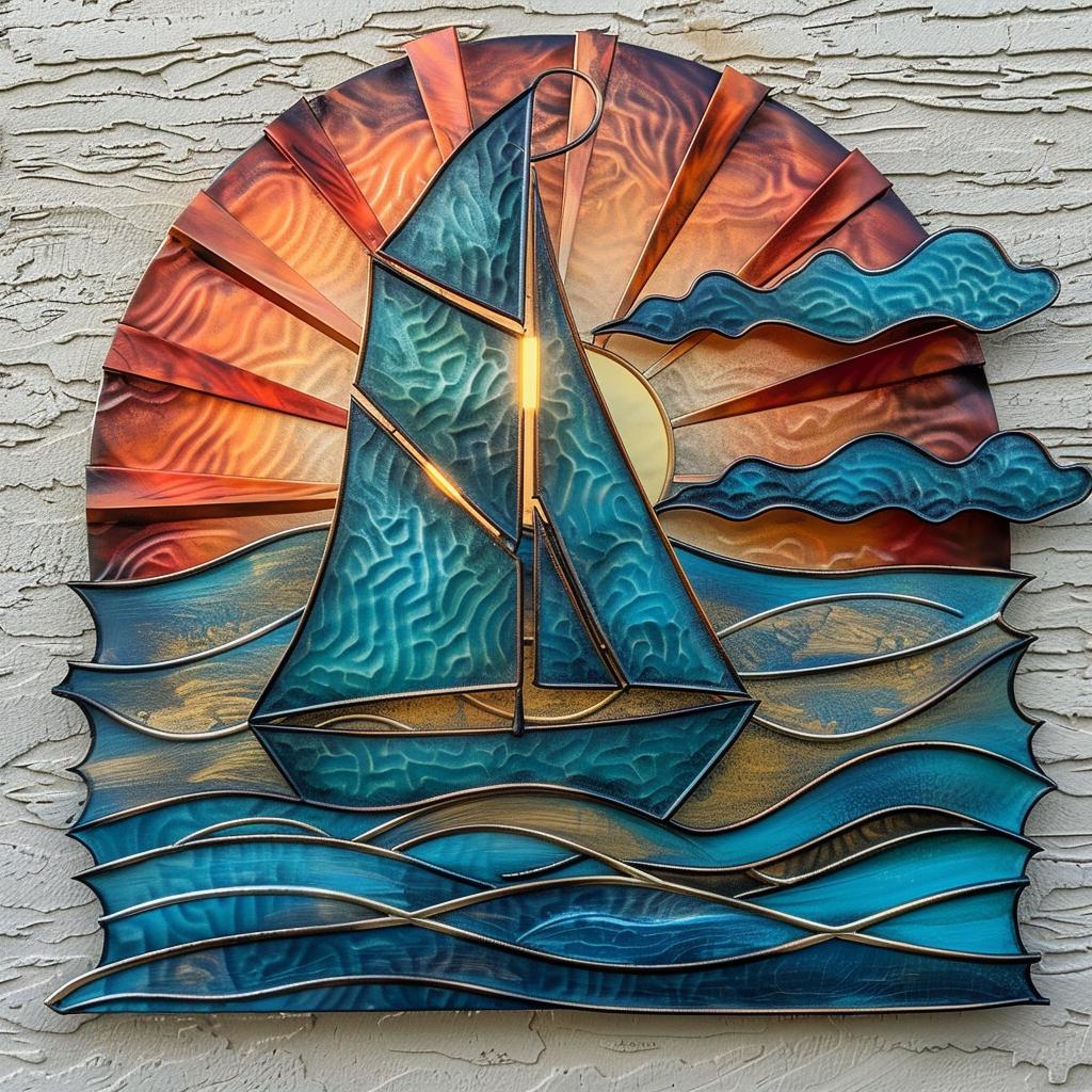 Sailboat Sunburst Metal Wall Art, UV Printed Aluminum Ocean Wave Sign