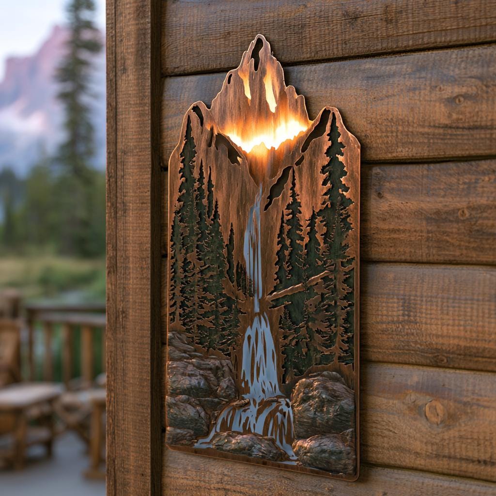 Mountain Waterfall Metal Art, Rustic Pine Forest Cabin Decor, UV Printed Aluminum Sign