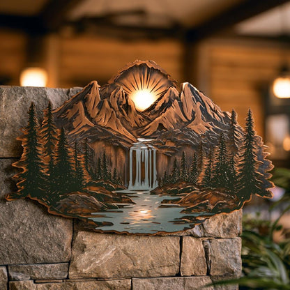 Mountain Waterfall Metal Art, Rustic Pine Forest Cabin Decor, UV Printed Aluminum Sign