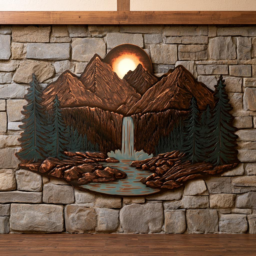 Mountain Waterfall Metal Art, Rustic Pine Forest Cabin Decor, UV Printed Aluminum Sign