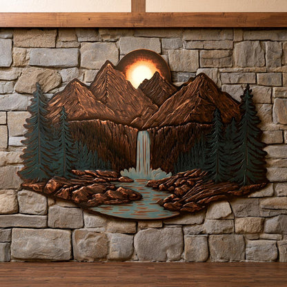 Mountain Waterfall Metal Art, Rustic Pine Forest Cabin Decor, UV Printed Aluminum Sign