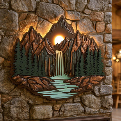 Mountain Waterfall Metal Art, Rustic Pine Forest Cabin Decor, UV Printed Aluminum Sign