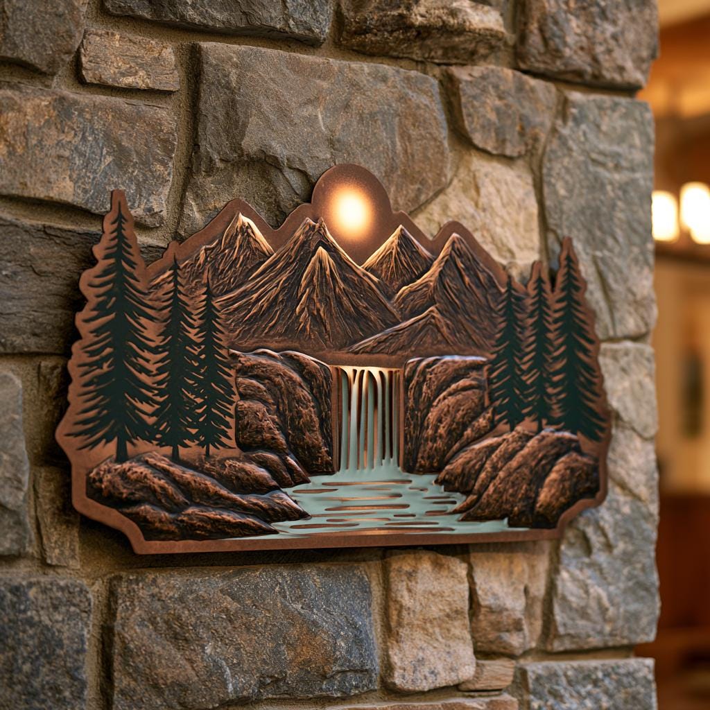 Mountain Waterfall Metal Art, Rustic Pine Forest Cabin Decor, UV Printed Aluminum Sign