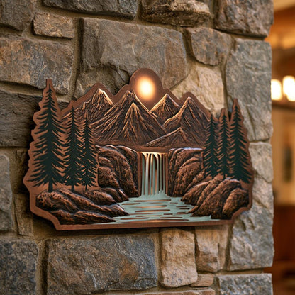 Mountain Waterfall Metal Art, Rustic Pine Forest Cabin Decor, UV Printed Aluminum Sign