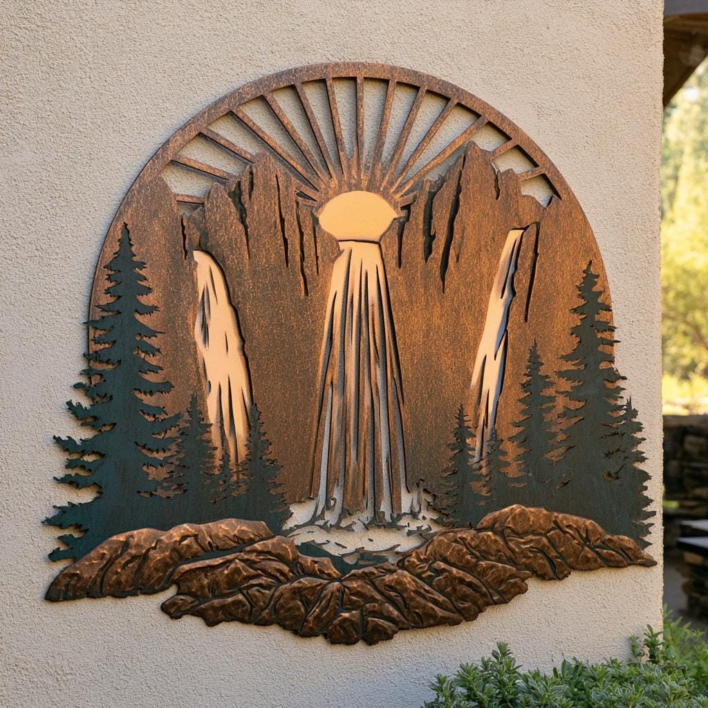 Mountain Waterfall Metal Art, Rustic Pine Forest Cabin Decor, UV Printed Aluminum Sign
