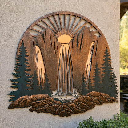 Mountain Waterfall Metal Art, Rustic Pine Forest Cabin Decor, UV Printed Aluminum Sign