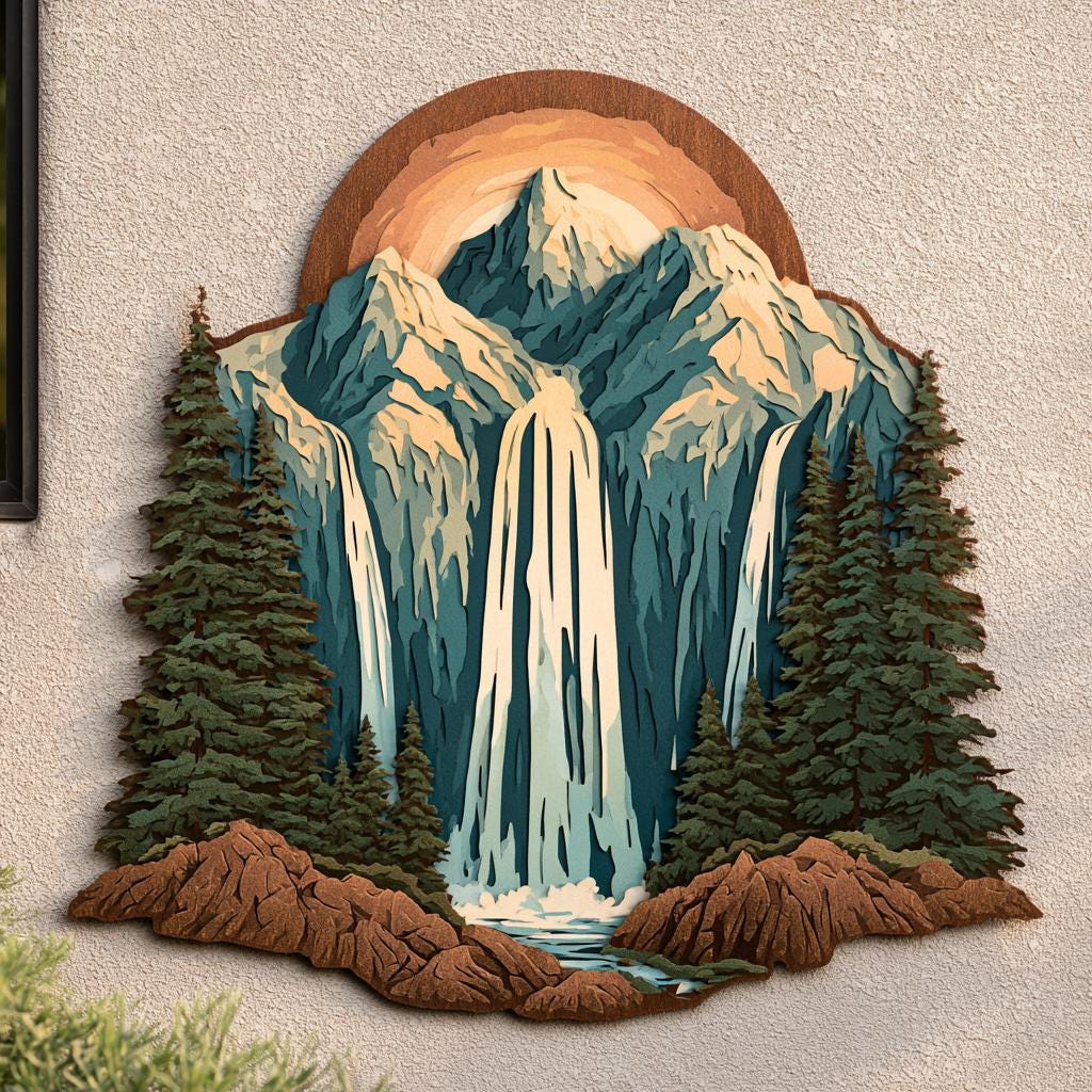 Mountain Waterfall Metal Art, Rustic Pine Forest Cabin Decor, UV Printed Aluminum Sign
