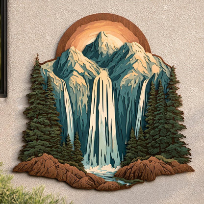 Mountain Waterfall Metal Art, Rustic Pine Forest Cabin Decor, UV Printed Aluminum Sign
