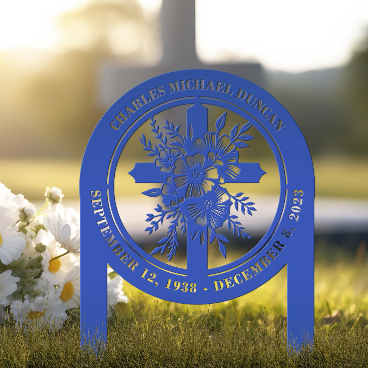 Floral Cross Metal Yard Stake - Outdoor Christian Art Decor - Flower Laser Cut Design - Faith Inspired Lawn Sign - Custom Gravesite Memorial