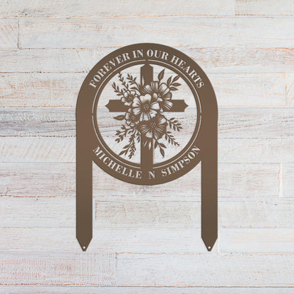 Floral Cross Metal Yard Stake - Outdoor Christian Art Decor - Flower Laser Cut Design - Faith Inspired Lawn Sign - Custom Gravesite Memorial