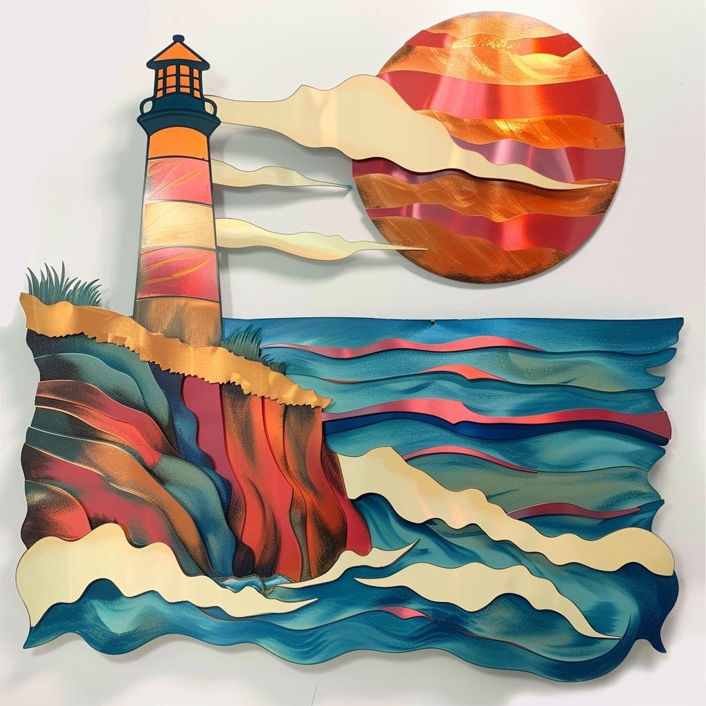 Lighthouse Coastal Metal Wall Art: Ocean Sunset Seascape Decor (UV Printed Aluminum)