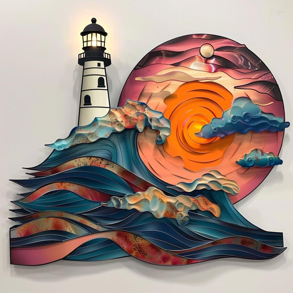 Lighthouse Coastal Metal Wall Art: Ocean Sunset Seascape Decor (UV Printed Aluminum)