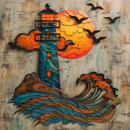 Lighthouse Coastal Metal Wall Art: Ocean Sunset Seascape Decor (UV Printed Aluminum)