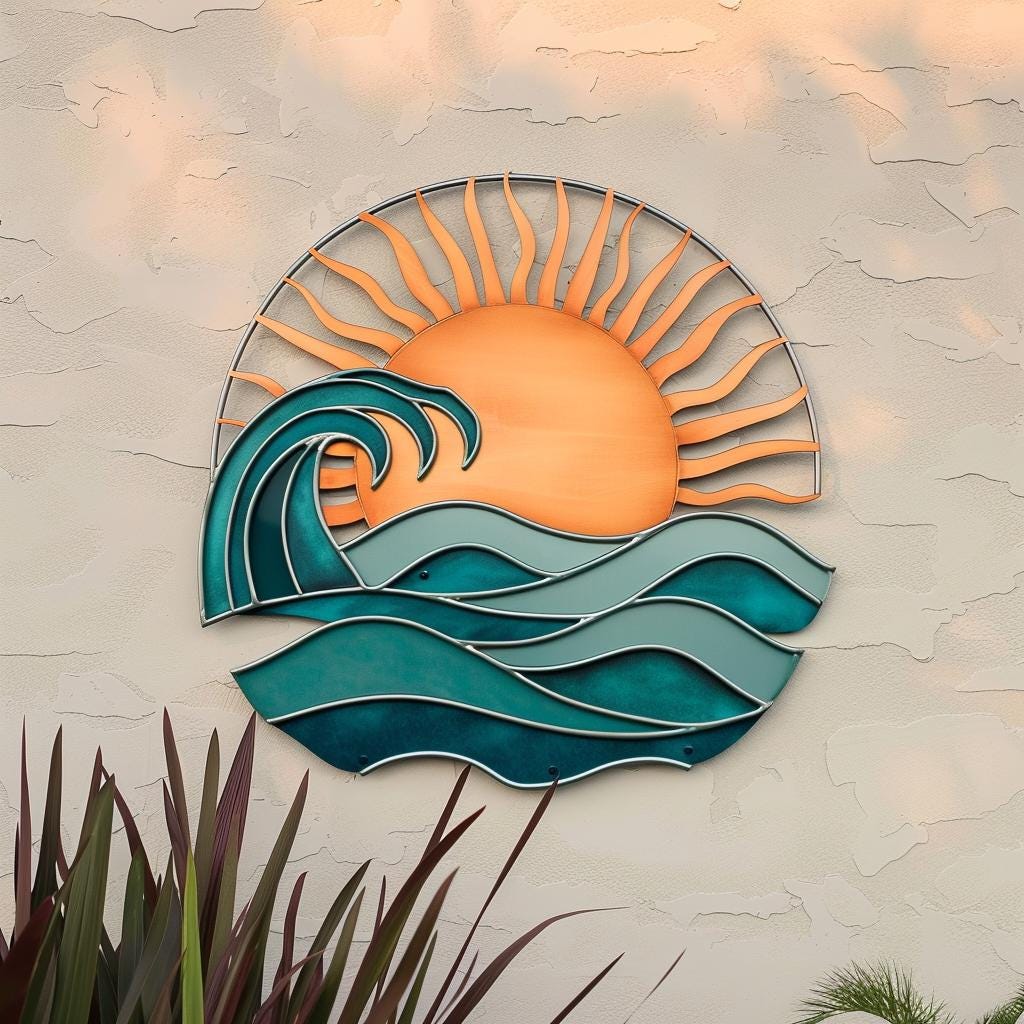 Sunset Wave Metal Wall Art, Coastal Ocean Sun Decor, UV Printed Aluminum Sign