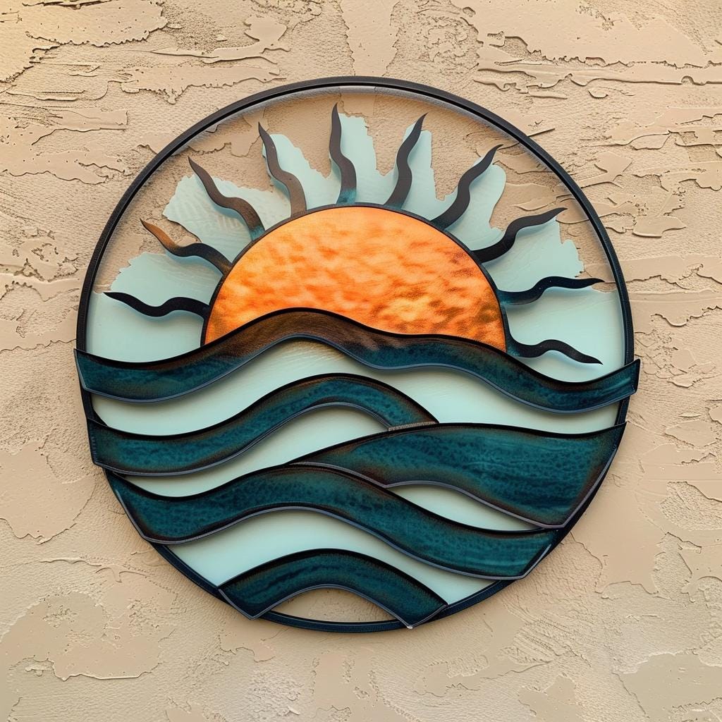 Sunset Wave Metal Wall Art, Coastal Ocean Sun Decor, UV Printed Aluminum Sign