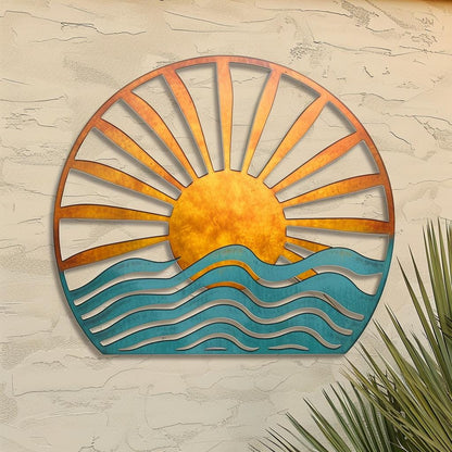 Sunset Wave Metal Wall Art, Coastal Ocean Sun Decor, UV Printed Aluminum Sign