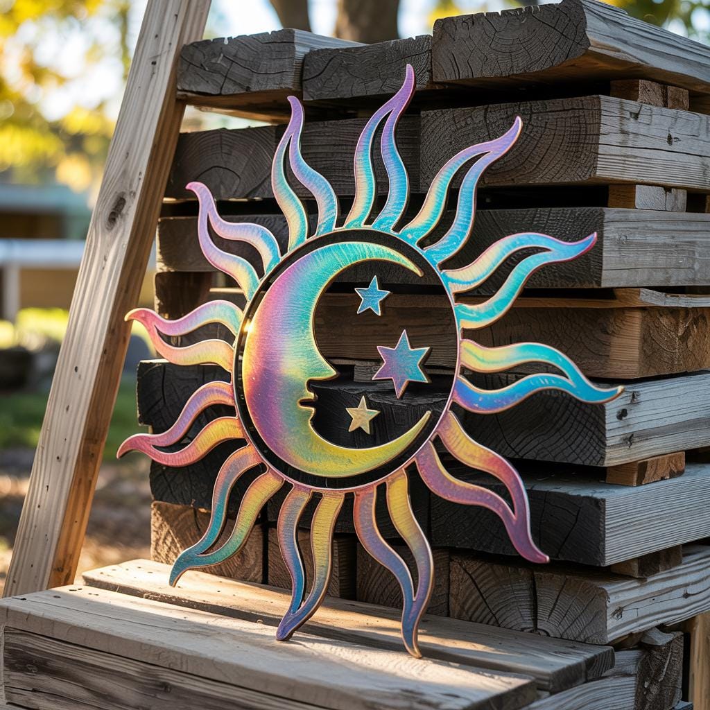 Celestial Sun Moon Metal Wall Art, Boho Astrology Garden Decor (UV Printed Aluminum)