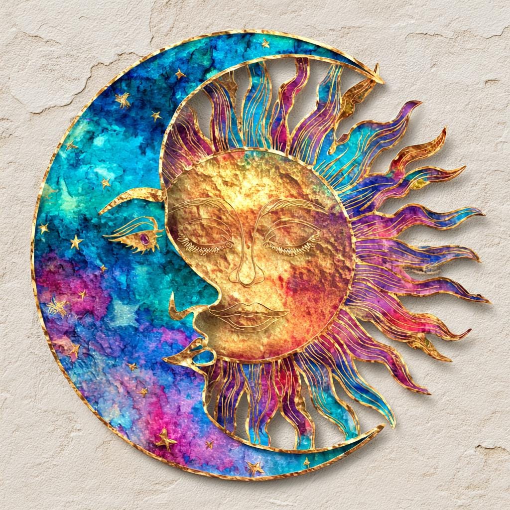 Celestial Sun Moon Metal Wall Art, Boho Astrology Patio Decor, UV Printed Aluminum Sign