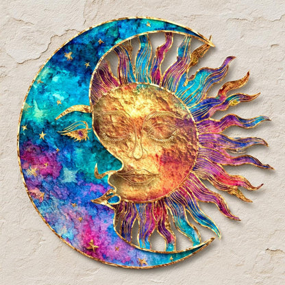 Celestial Sun Moon Metal Wall Art, Boho Astrology Patio Decor, UV Printed Aluminum Sign