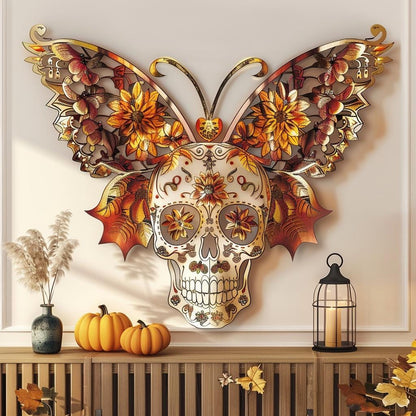 Butterfly Skull Metal Wall Art, UV Printed Aluminum Gothic Decor