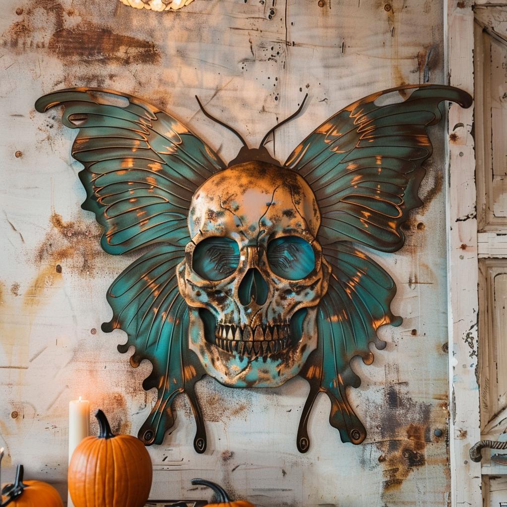 Butterfly Skull Metal Wall Art, UV Printed Aluminum Gothic Decor