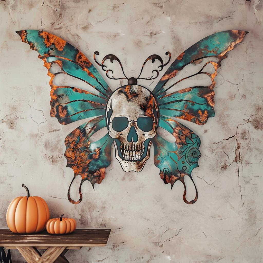 Butterfly Skull Metal Wall Art, UV Printed Aluminum Gothic Decor