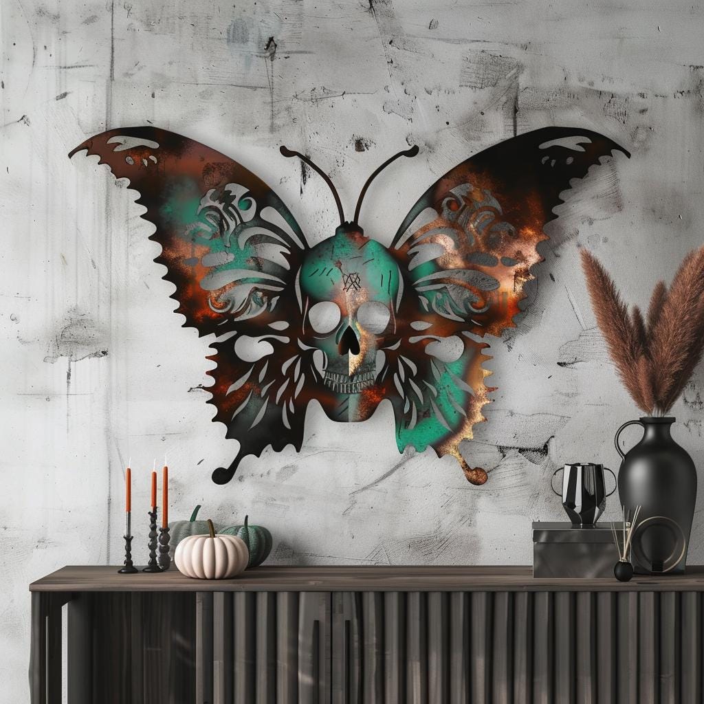 Butterfly Skull Metal Wall Art, UV Printed Aluminum Gothic Decor