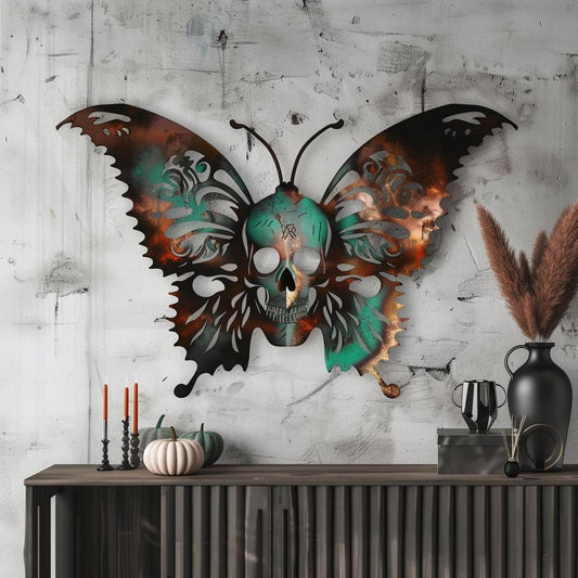 Butterfly Skull Metal Wall Art, UV Printed Aluminum Gothic Decor