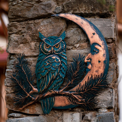 UV Printed Aluminum Owl Moon Metal Wall Art, Celestial Woodland Decor