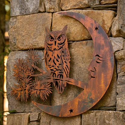 UV Printed Aluminum Owl Moon Metal Wall Art, Celestial Woodland Decor