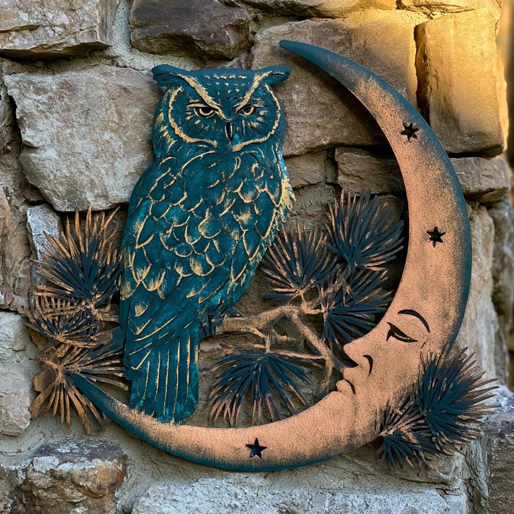 UV Printed Aluminum Owl Moon Metal Wall Art, Celestial Woodland Decor