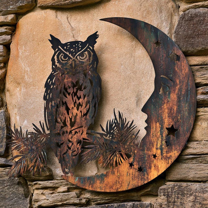UV Printed Aluminum Owl Moon Metal Wall Art, Celestial Woodland Decor