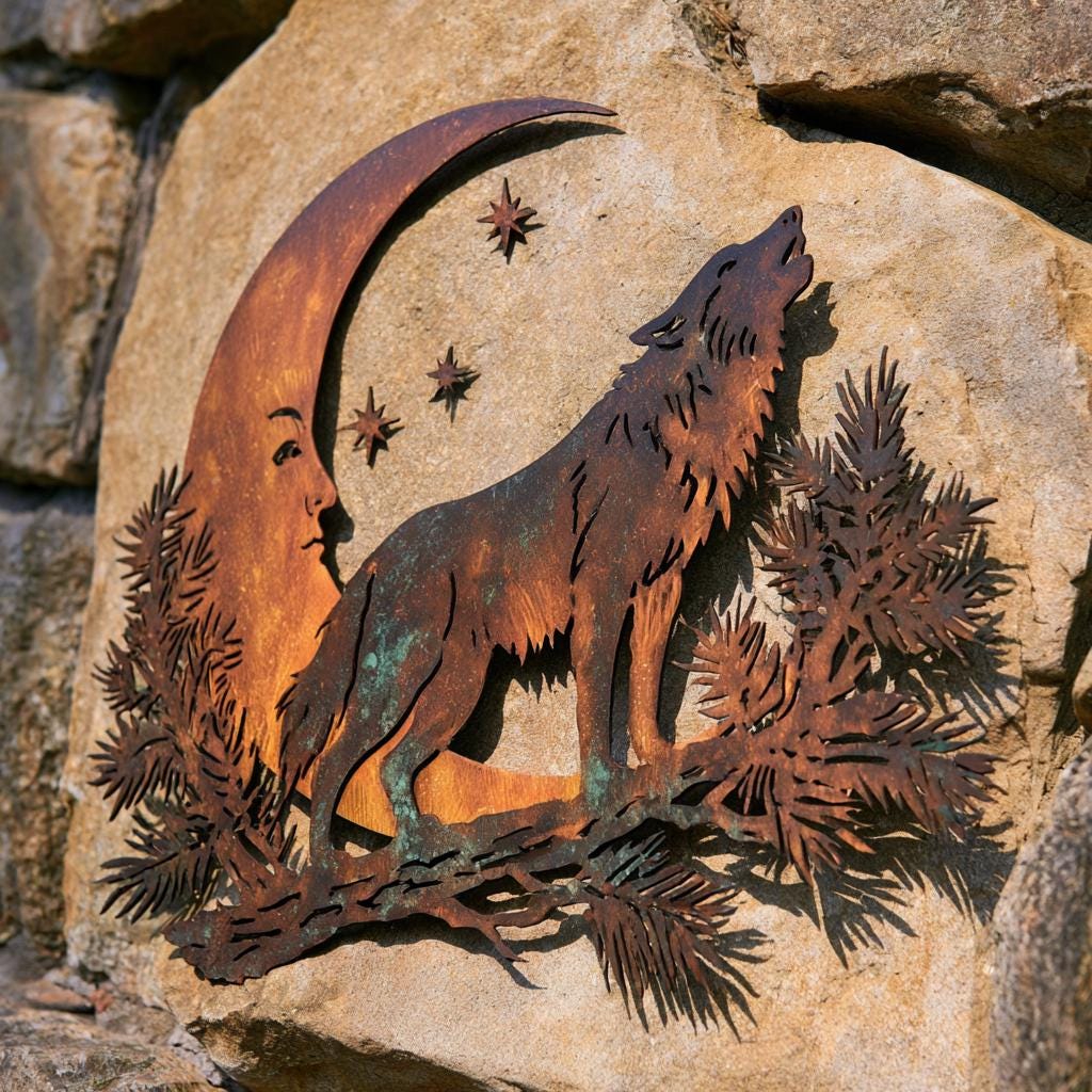 UV Printed Aluminum Wolf Moon Wall Art, Rustic Woodland Decor (2D Metal Sign)
