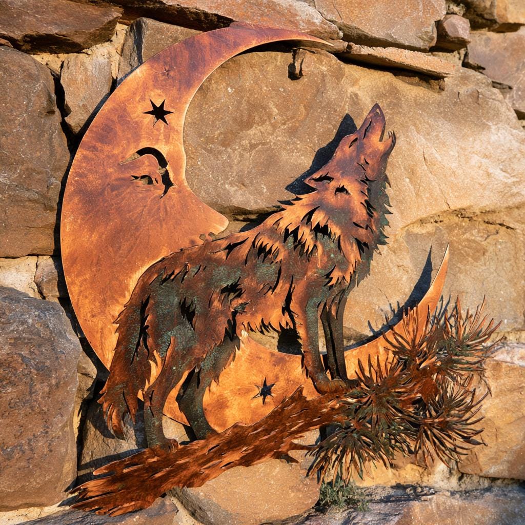 UV Printed Aluminum Wolf Moon Wall Art, Rustic Woodland Decor (2D Metal Sign)