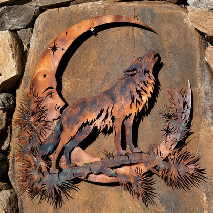 UV Printed Aluminum Wolf Moon Wall Art, Rustic Woodland Decor (2D Metal Sign)
