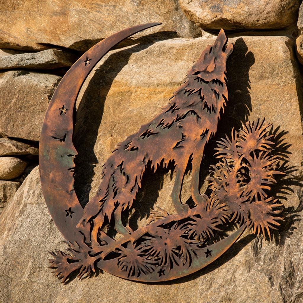 UV Printed Aluminum Wolf Moon Wall Art, Rustic Woodland Decor (2D Metal Sign)