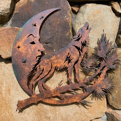 UV Printed Aluminum Wolf Moon Wall Art, Rustic Woodland Decor (2D Metal Sign)