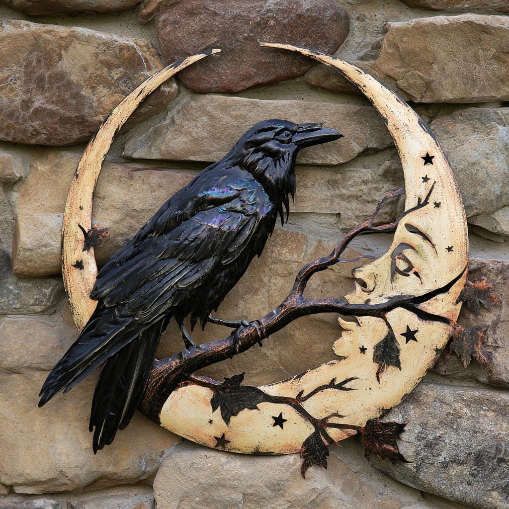 Raven Moon Metal Wall Art, Gothic Celestial Sign, UV Printed Aluminum Decor