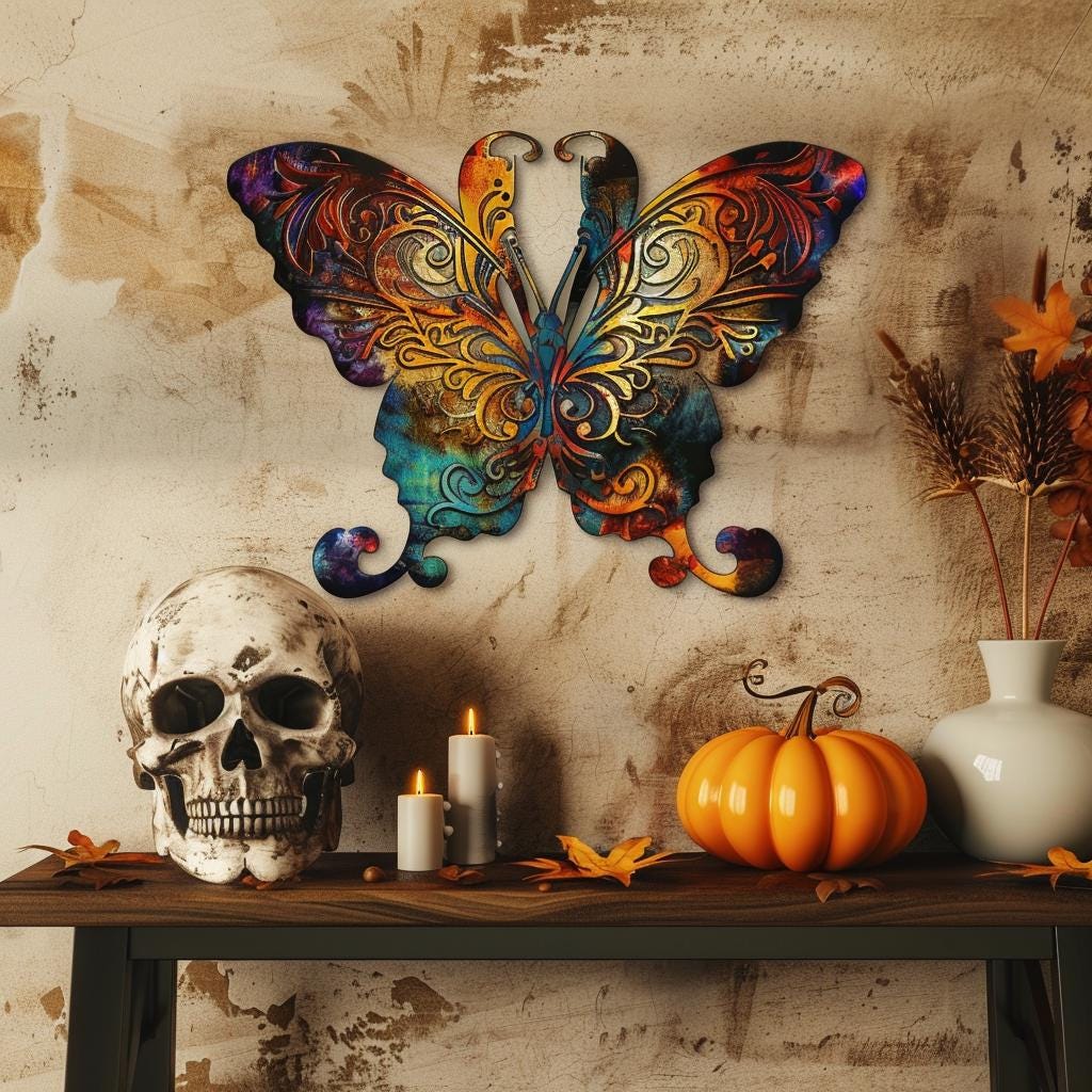 Skull Butterfly Metal Wall Art, Gothic Boho Aluminum Decor (UV Printed)