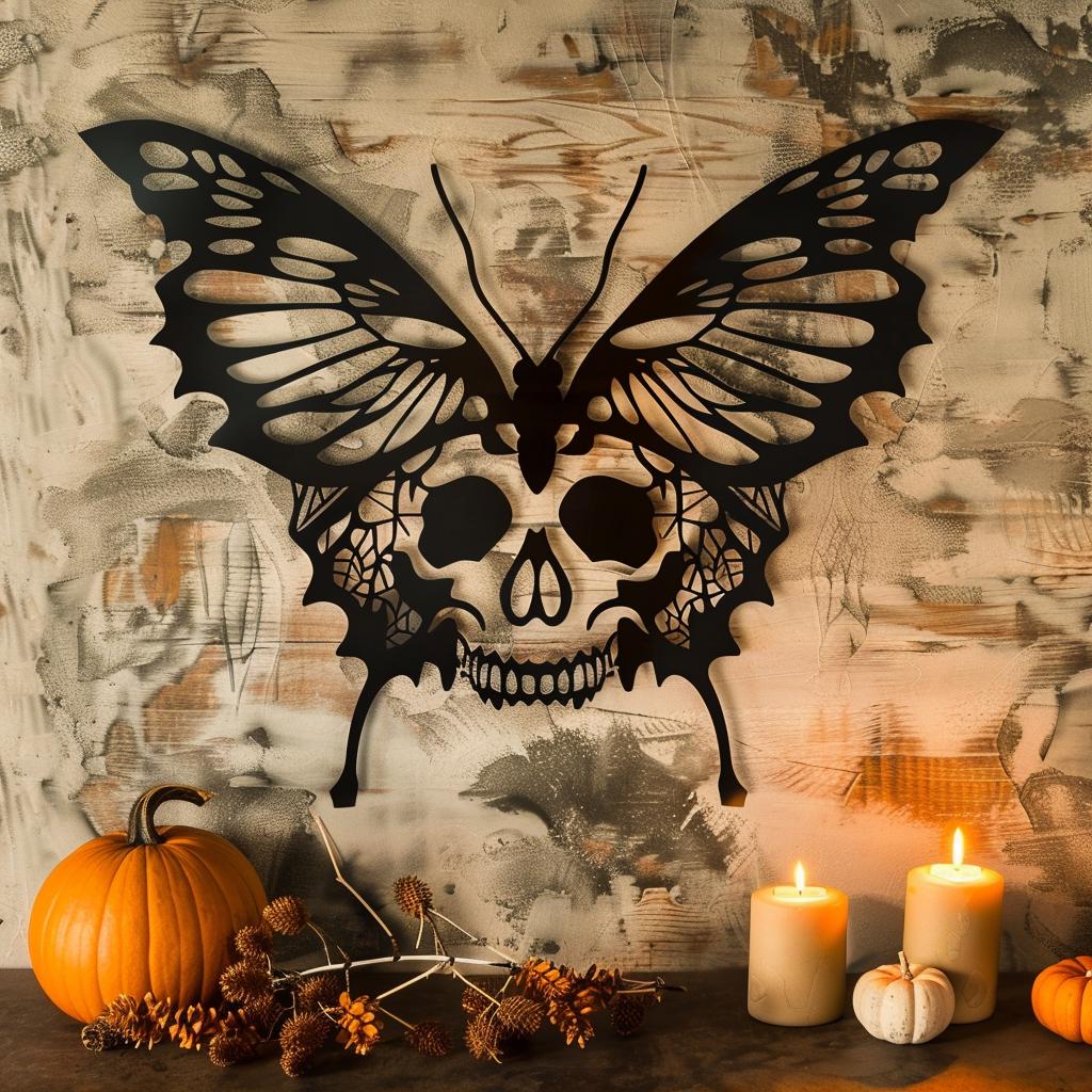 Skull Butterfly Metal Wall Art, Gothic Boho Aluminum Decor (UV Printed)