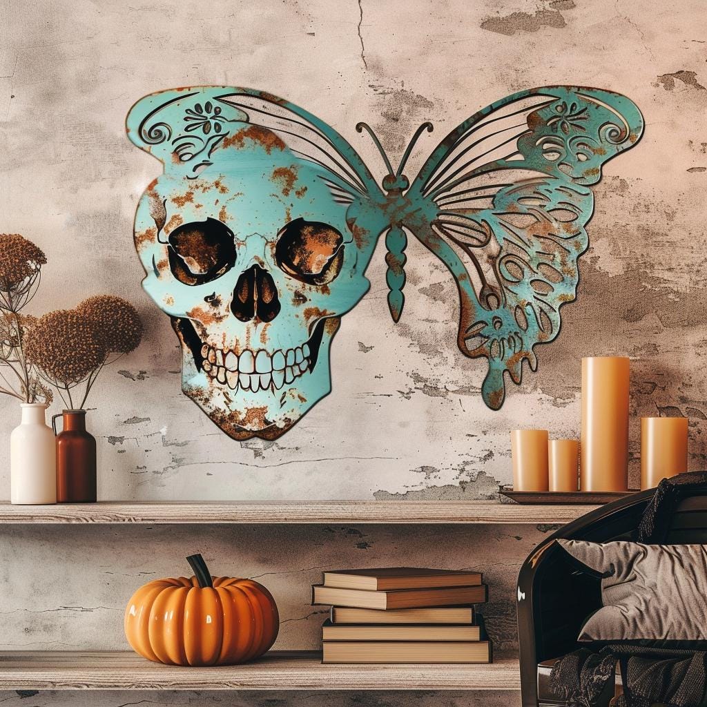 Skull Butterfly Metal Wall Art, Gothic Boho Aluminum Decor (UV Printed)