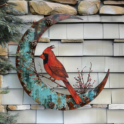 Crescent Moon Cardinal Metal Wall Art, UV Printed Aluminum Bird Decor, Rustic Garden Sign