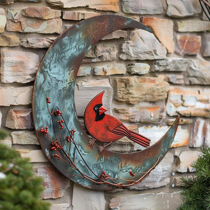Crescent Moon Cardinal Metal Wall Art, UV Printed Aluminum Bird Decor, Rustic Garden Sign