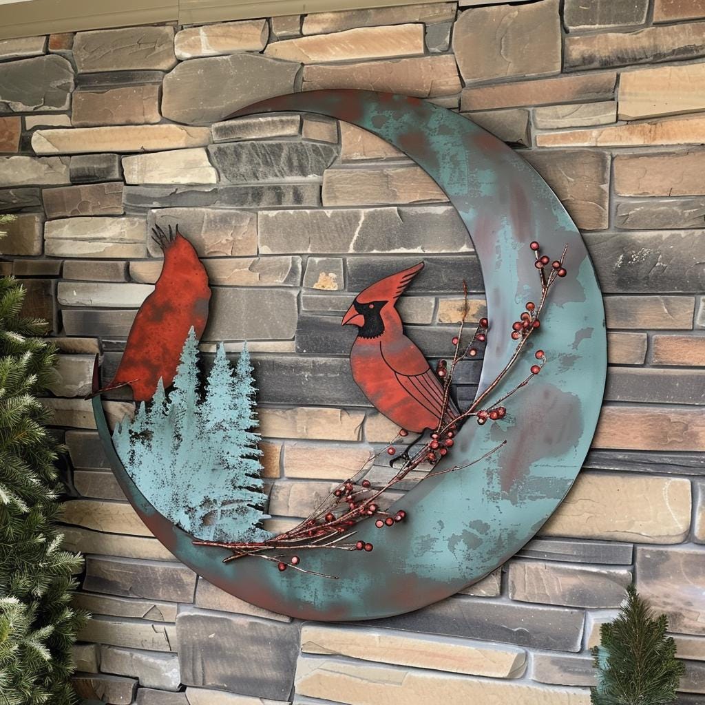 Crescent Moon Cardinal Metal Wall Art, UV Printed Aluminum Bird Decor, Rustic Garden Sign