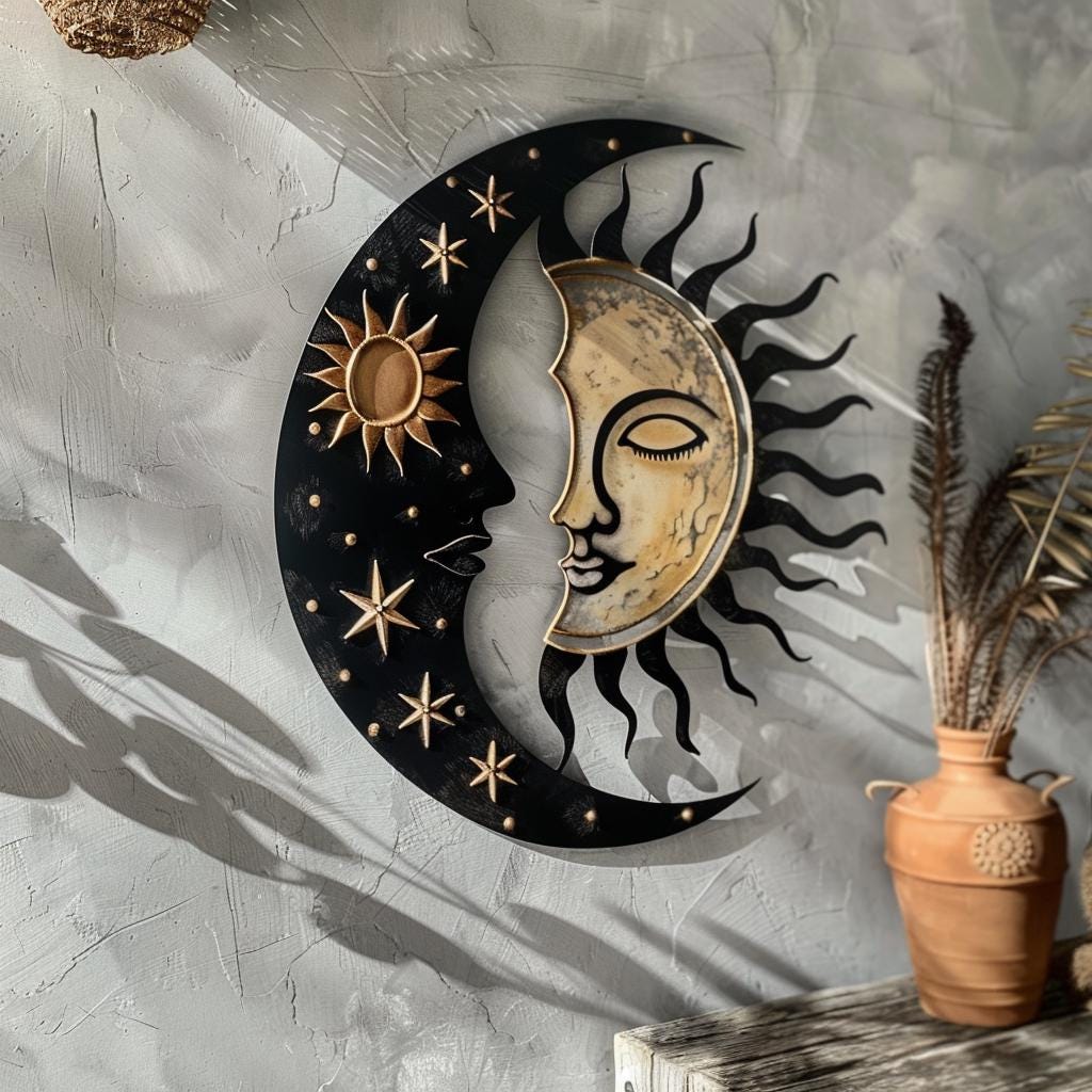 Celestial Sun Moon Metal Wall Art – Boho Cosmic Garden Decor (UV Printed Aluminum)