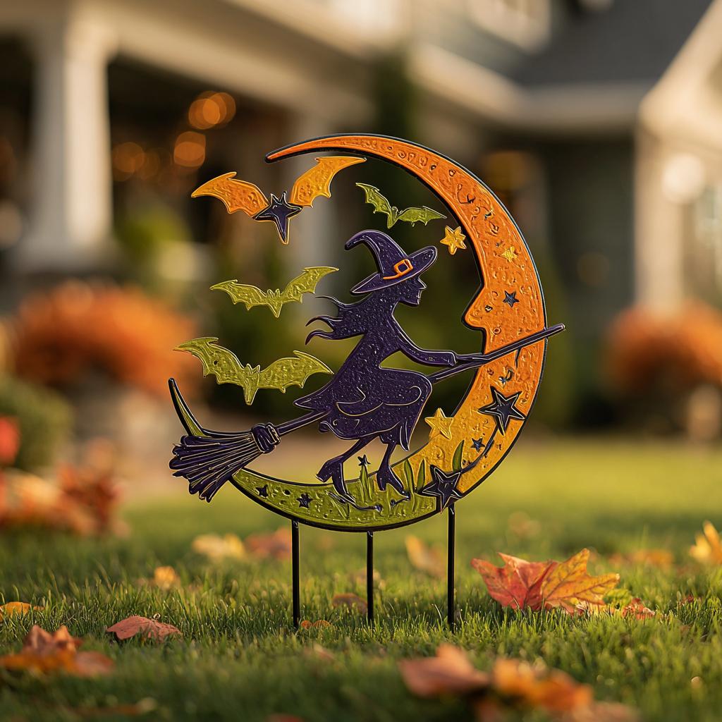 UV Printed Aluminum Witch Yard Stake, Crescent Moon Halloween Garden Decor