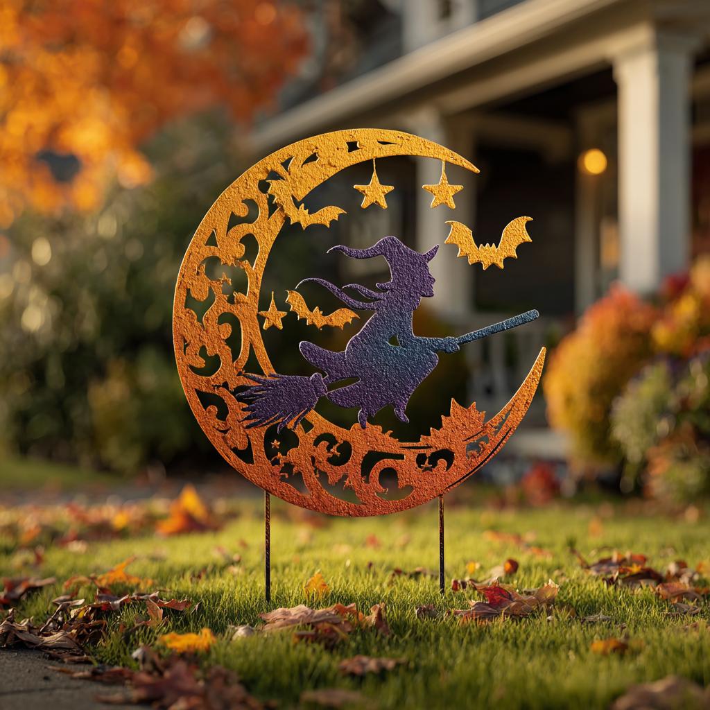 UV Printed Aluminum Witch Yard Stake, Crescent Moon Halloween Garden Decor