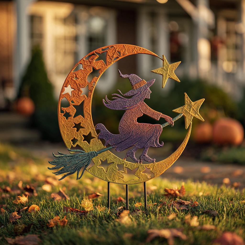 UV Printed Aluminum Witch Yard Stake, Crescent Moon Halloween Garden Decor