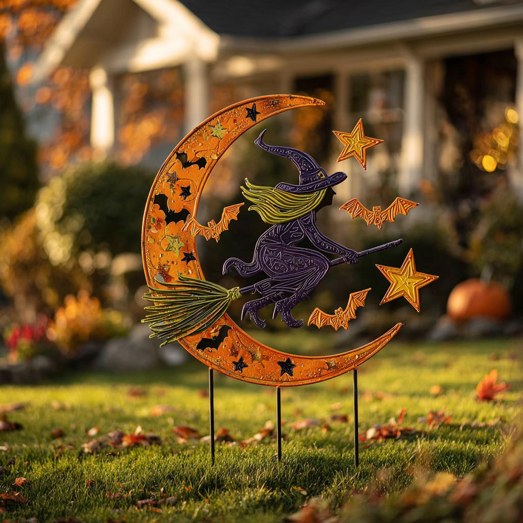 UV Printed Aluminum Witch Yard Stake, Crescent Moon Halloween Garden Decor